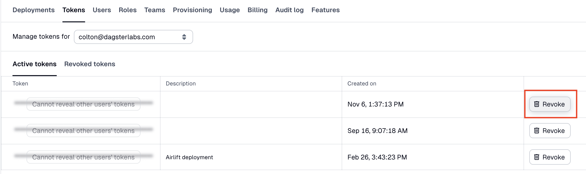 User token page showing tokens for selected user